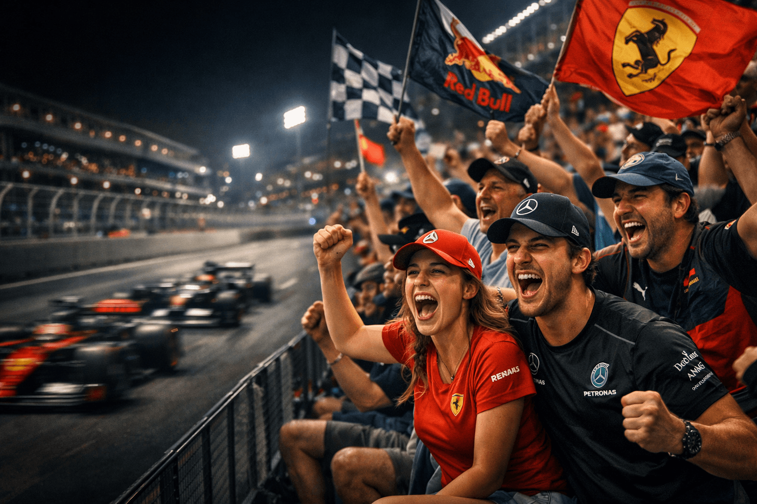 Happy Formula 1 fans celebrating race weekend